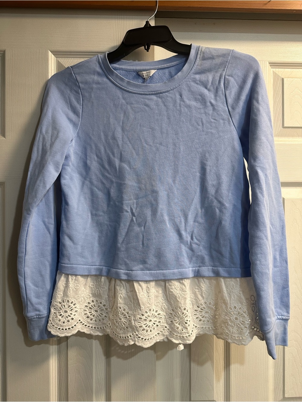 crown & ivy Pastel Blue Sweatshirt with White Eyelet Hem